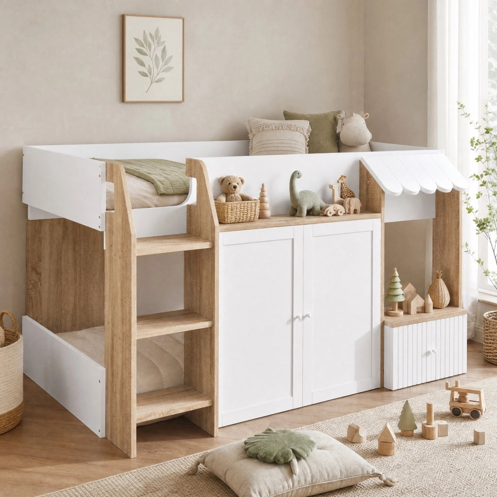LETTO A CASTELLO 90x200 cm Casa Bianco+Legno con scala e vano inferiore