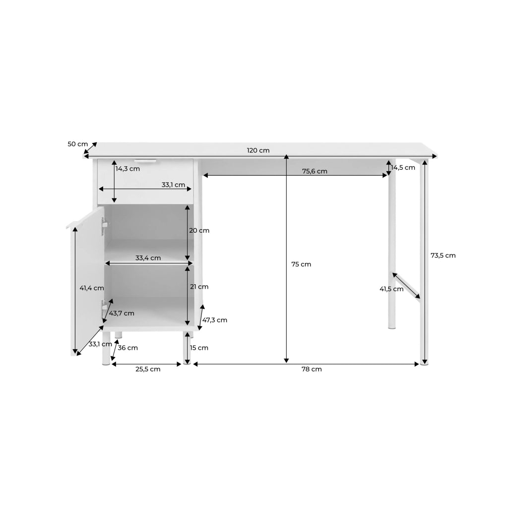 Scrivania decorata in legno e metallo 1 cassetto 1 anta, beige