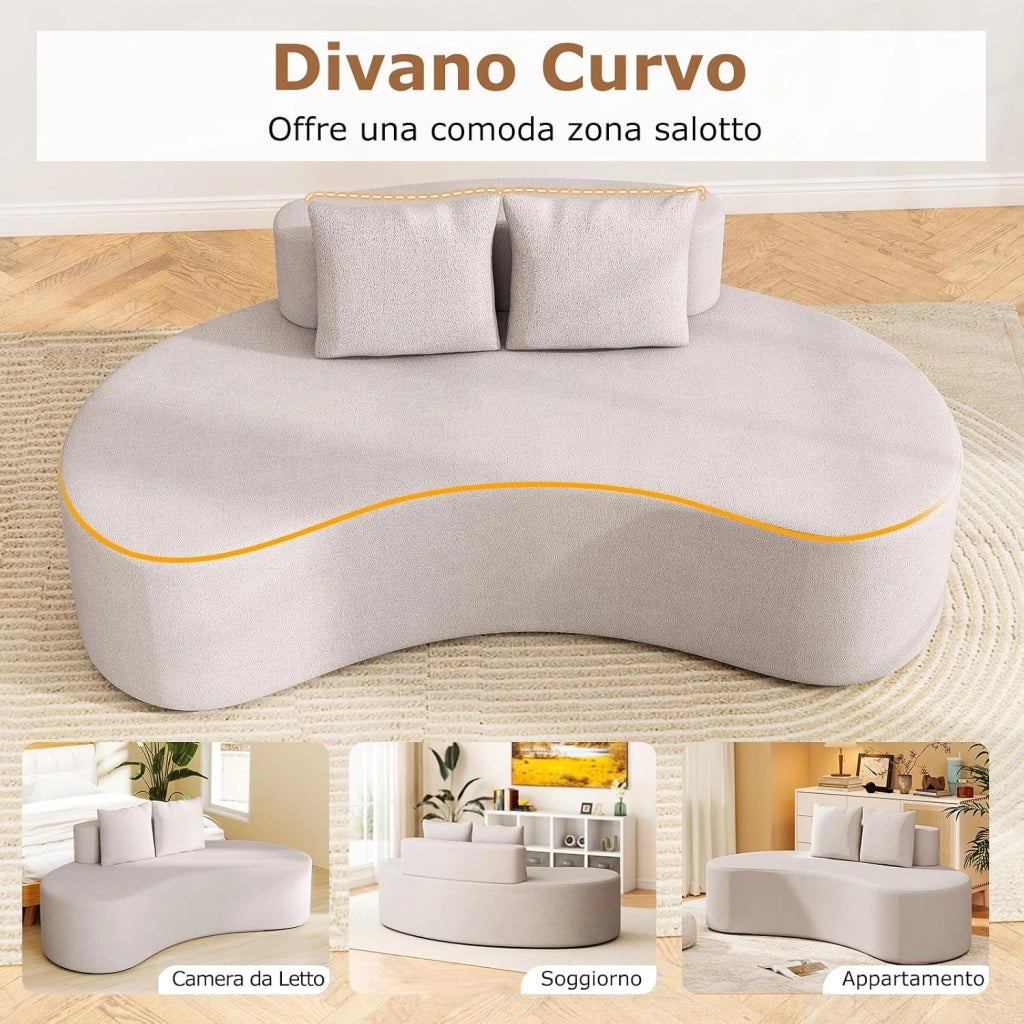 Divano Imbottito Curvo, Divano a Pavimento con 2 Cuscini Accoglienti, Schienale Basso e Seduta in Spugna, Fondo Antiscivolo, Moderno, 199 x 97 x 68 cm (Grigio)