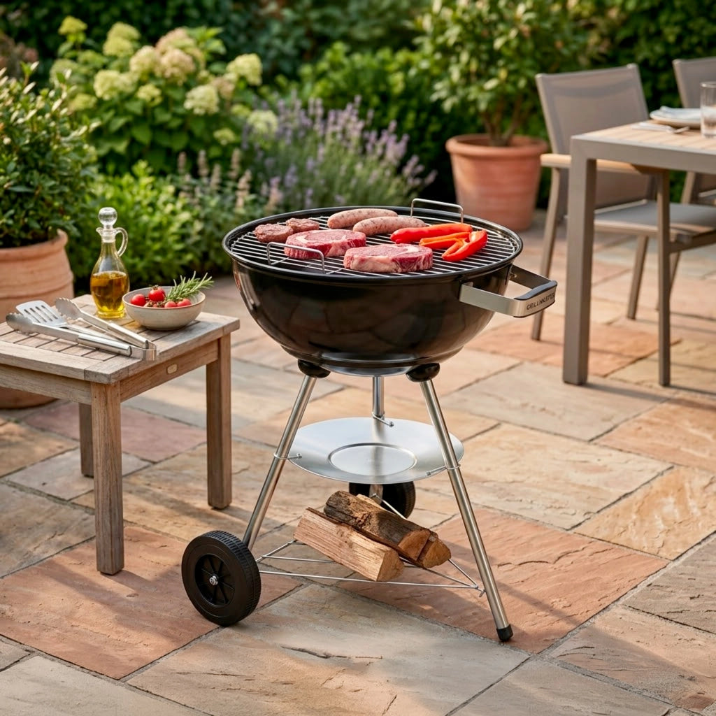 Barbecue A Carbone Con Coperchio Ventilazione Regolabile Griglia Cromata In Acciaio Ruote Trasporto Facile Montaggio Veloce Giardino Campeggio Terrazza 51 x 46.5 x 78 Cm Nero