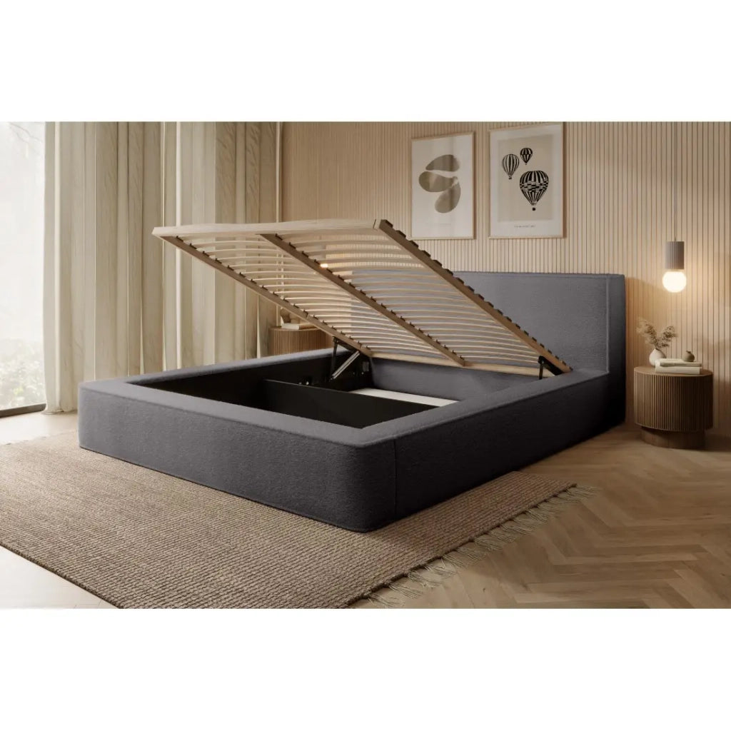 Letto contenitore VELORA – Grigio cenere bouclé – 160x200 cm – Tessuto velluto morbido – Rete sollevabile – Spazio di stoccaggio integrato