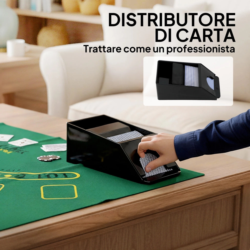 Set Poker con 300 Fiches Mescolatore e Distributore Carte Tappetino 5 Dadi Pulsante Dealer e Valigetta