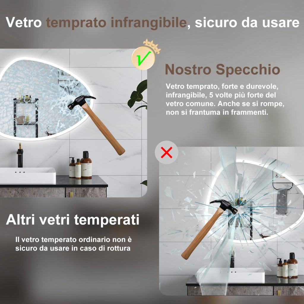 AICA Specchio da bagno 100 x 80 cm, dimmerabile, Funzione Memoria, antiappannamento, 3 colori