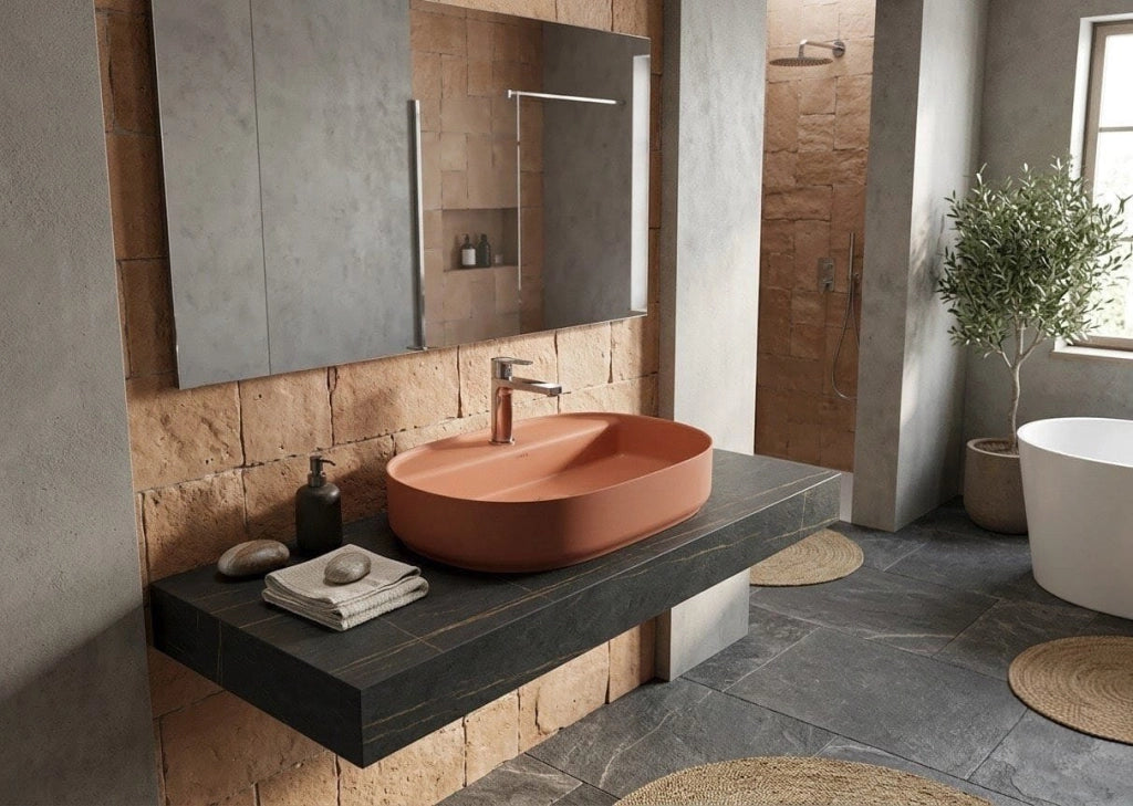 Lavabo ovale da appoggio senza troppo pieno in ceramica con foro rubinetto - Terracotta Opaco