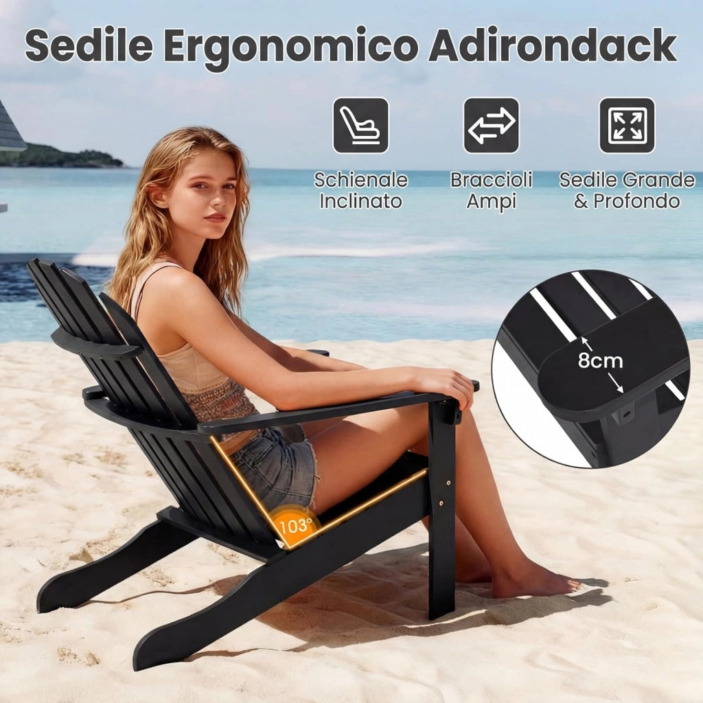 Adirondack-Sedia Giardino in Legno, Poltrona Esterno con Schienale Alta, Sedia a Sdraio Prendisole per Spiaggia Cortile Balcone, Portata 180 kg (Nero, 66 x 93 x 86 cm)