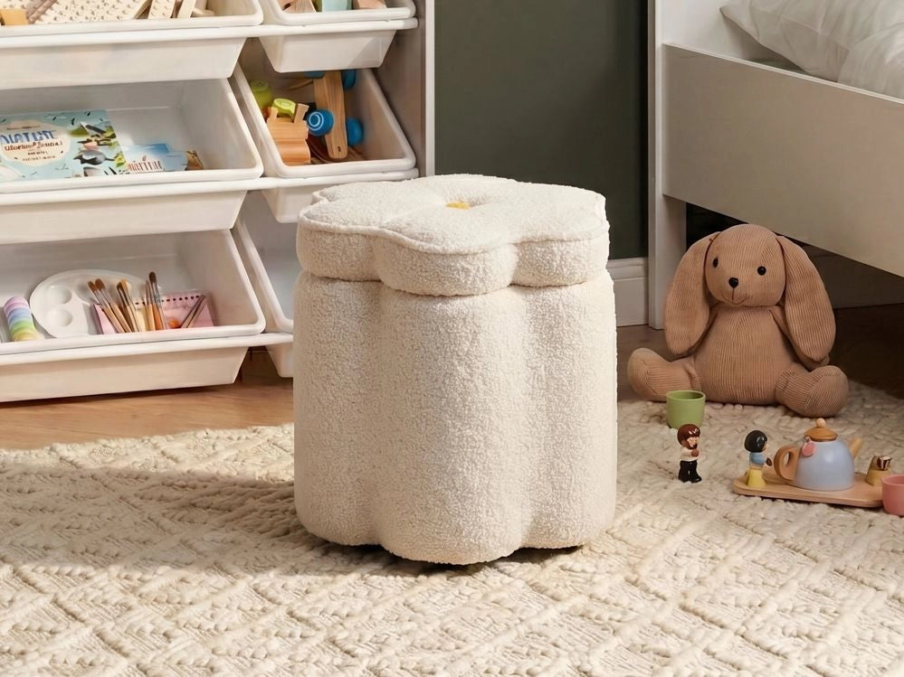 Pouf bianco sporco con rivestimento in bouclé, contenitore e motivo floreale, per soggiorno e camera da letto, stile scandinavo.