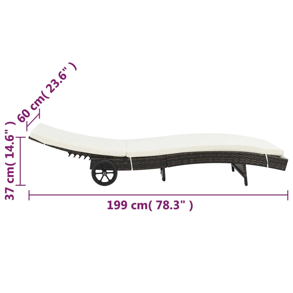 Lettino Prendisole con Ruote e Cuscino in Polyrattan Marrone 44453
