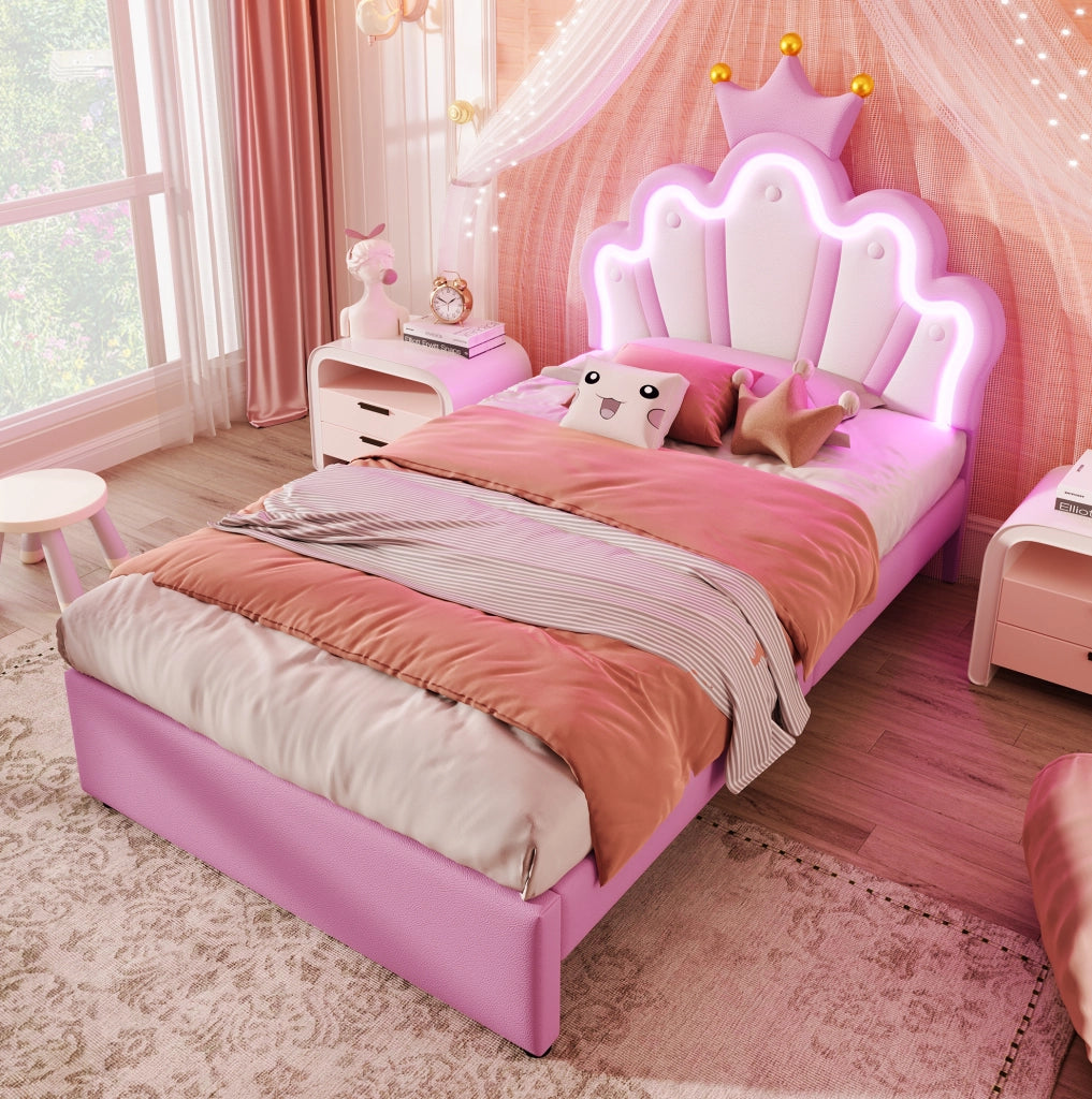 Letto per bambini 90x200 cm rosa con LED e 2 cassetti