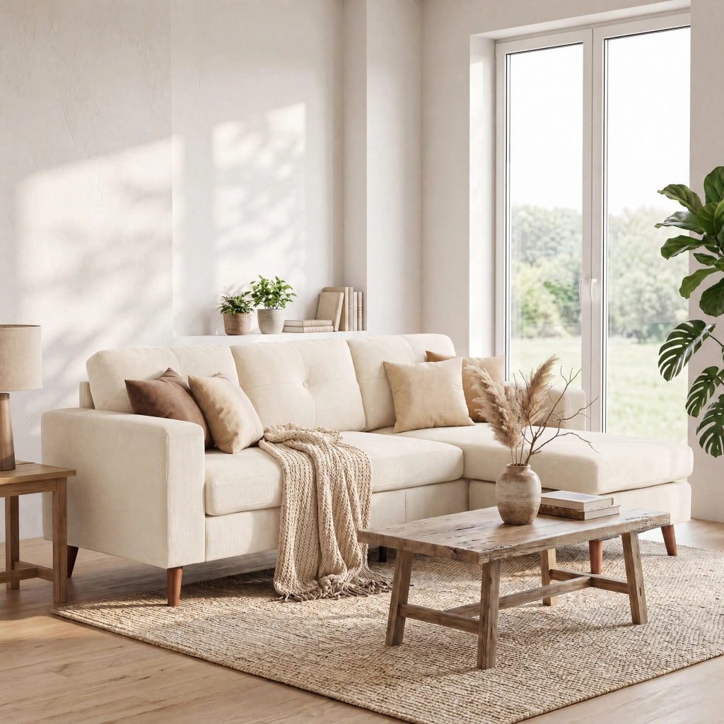 Divano Angolare 3 Posti con Chaise Longue Reversibile ¨C Zephmum ¨C Tessuto Crema 192 cm