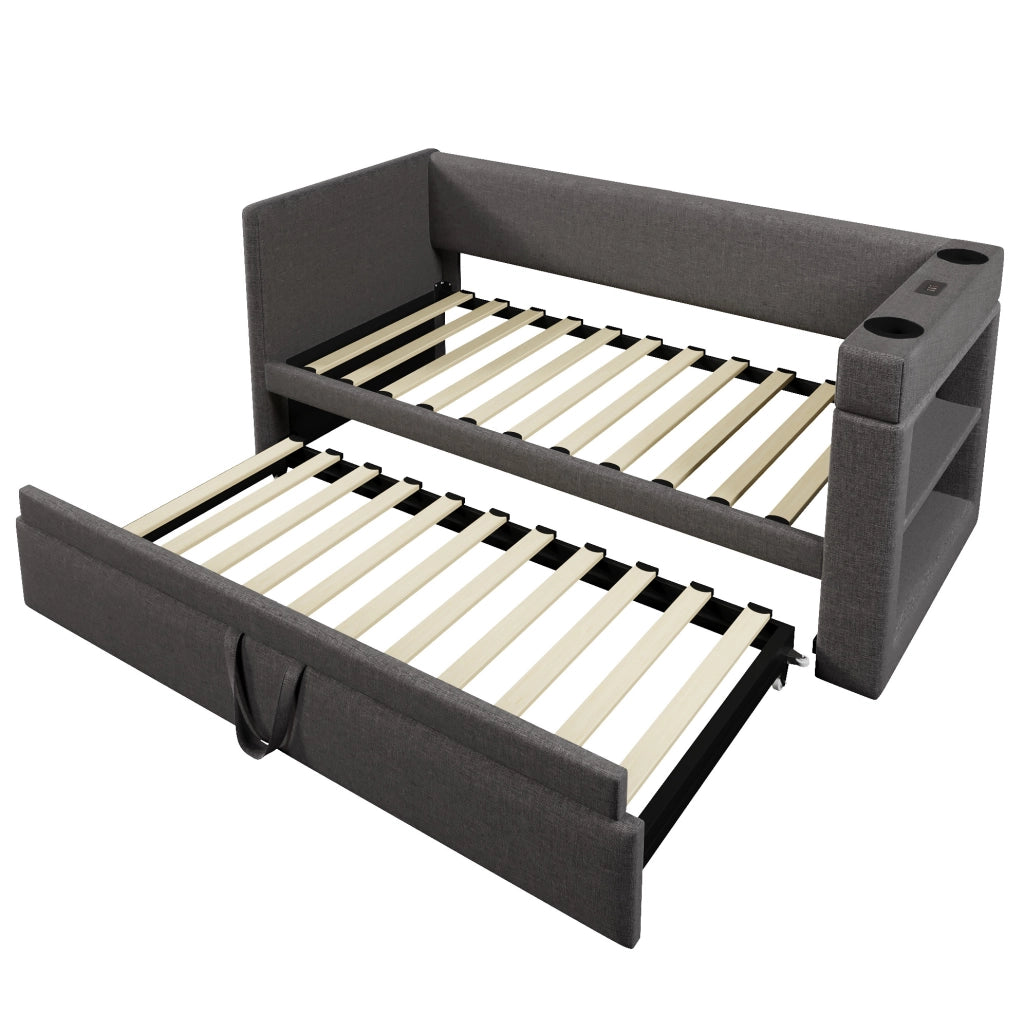 Divano letto estraibile ULEVR 90x190 cm con USB, Type-C, portabevande e vani laterali, grigio