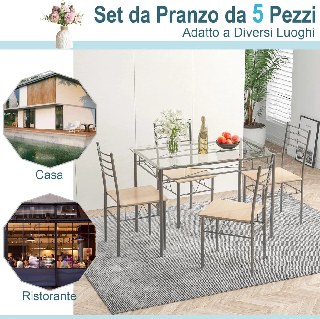 Set Tavolo e Sedie da Pranzo Moderno 5 pezzi, Tavolo Rettangolare da Cucina in Vetro e 4 Sedie con Struttura Metallica Antigraffio, Set di Mobili da Cucina e Sala da Pranzo Salvaspazio