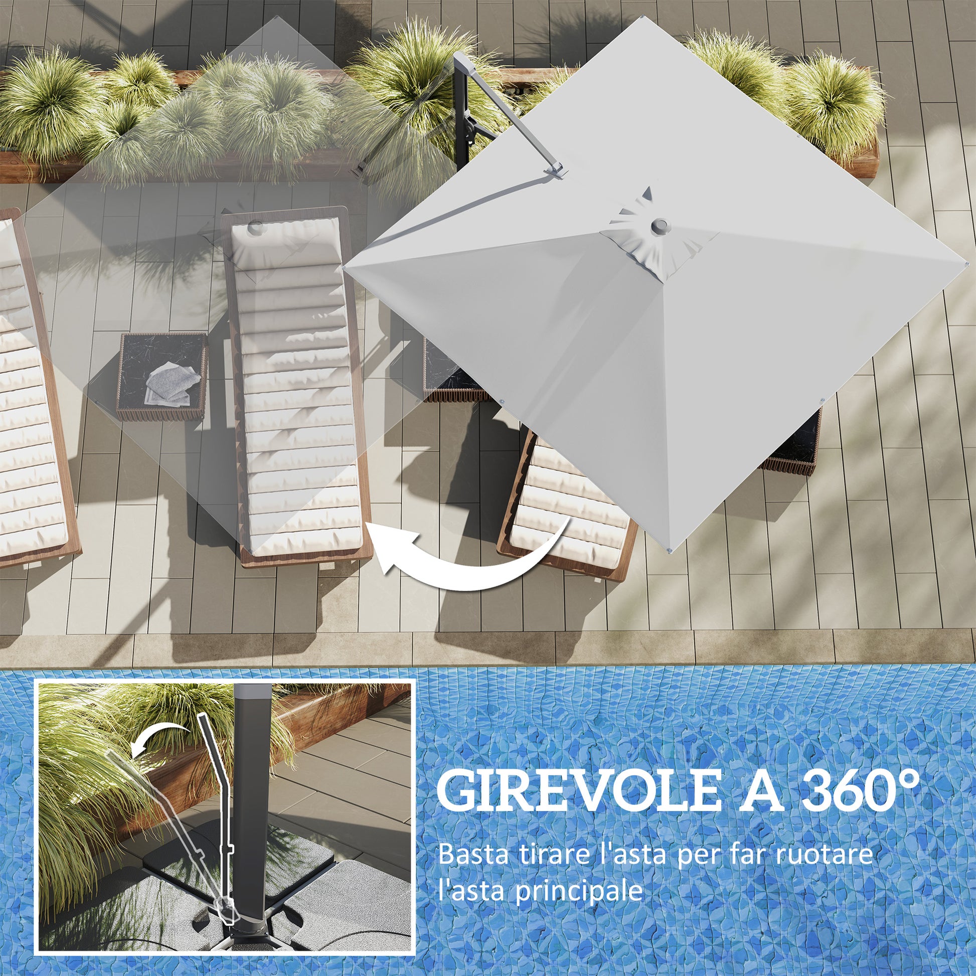 Ombrellone a Sbalzo con Manovella 365x297x256 cm con Base a Croce Grigio Chiaro