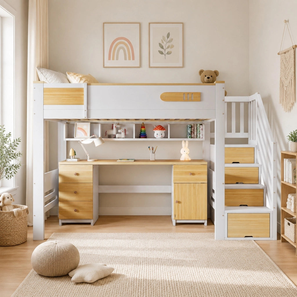 Letto a soppalco 90 x 200 cm con scrivania, scala contenitore e ripiani