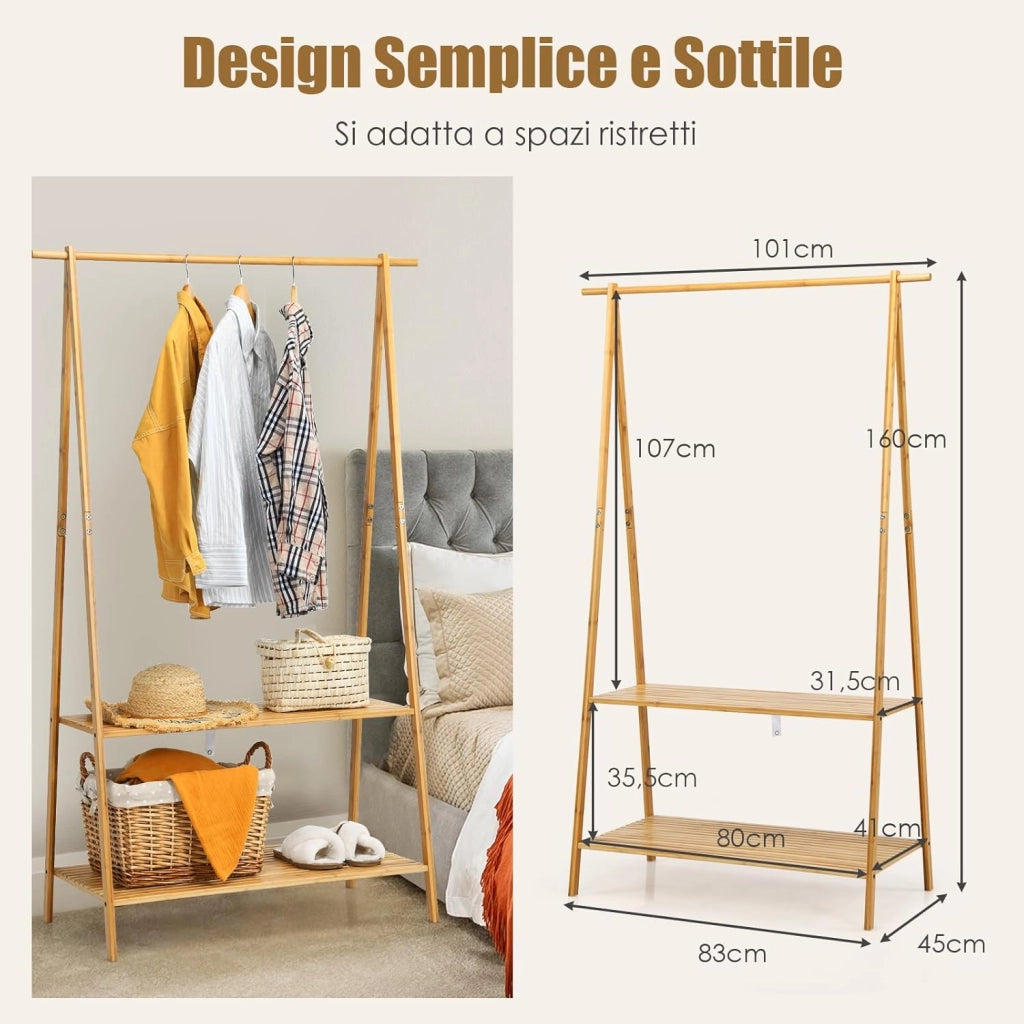 Stand Appendiabiti in Bambù, Rella Appendiabiti con 2 Ripiani, Salvaspazio e Resistente, Ideale per Ingresso Camera da letto, Naturale