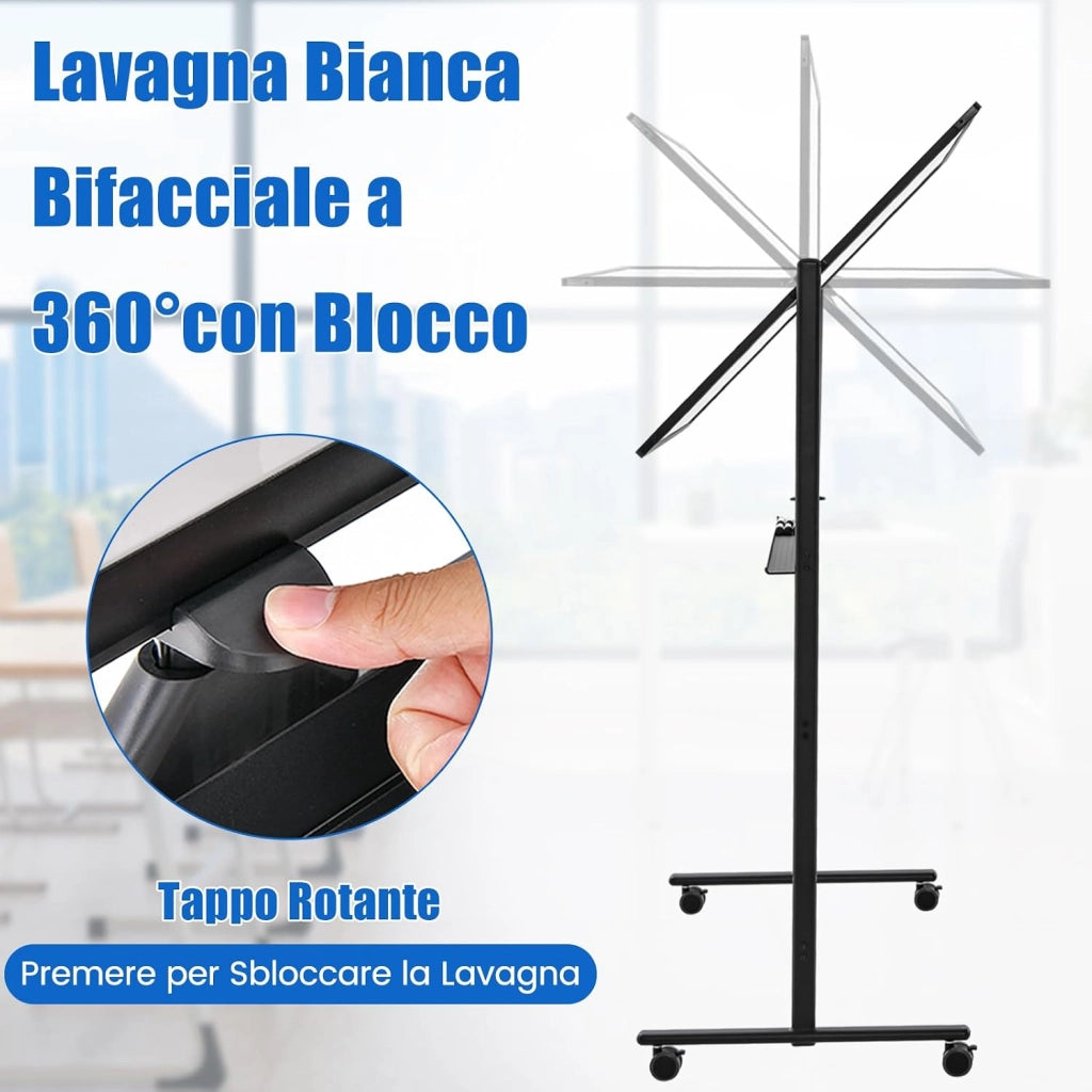 Lavagna Bianca Mobile 120 x 80 cm, Lavagna a Doppia Faccia Magnetica Cancellabile a Secco con Cavalletto e Ruote, Altezza Regolabile 2 Livelli, Accessori Completi (Nero)
