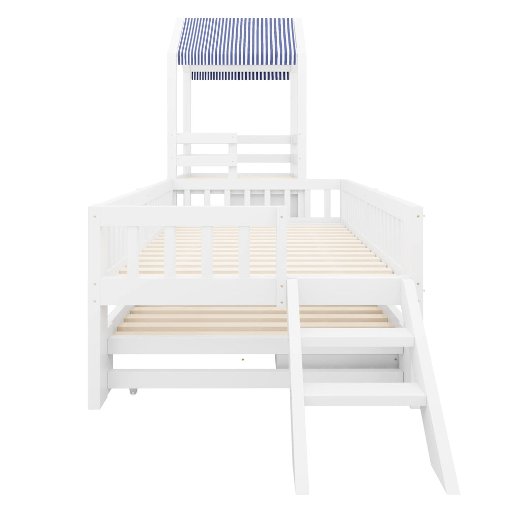 Letto a castello bambino 90×200 cm e 90×190 cm con scala laterale e cassetti; senza materasso; bianco