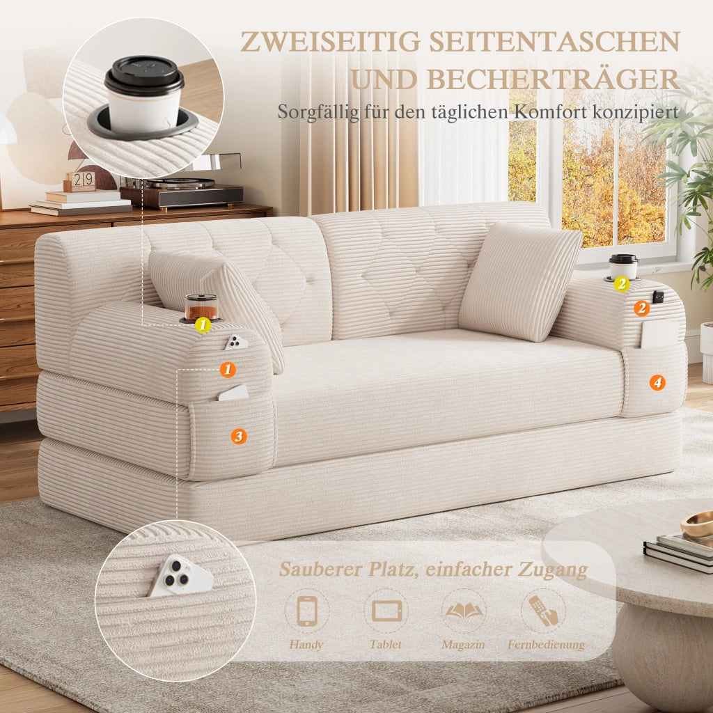 Divano letto compatto 2 posti con schienale alto, tasche laterali e portabicchieri in tessuto cord beige