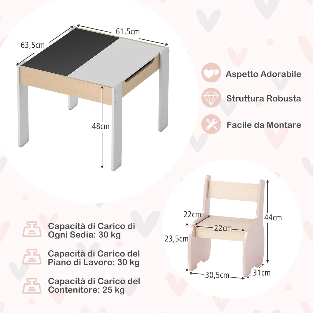 3 in 1 Set Tavolo e Sedie per Bambini, Tavolo da Attività per Bambini con 2 Sedie, Lavagna Rimovibile e Deposito, per Giocare, Disegnare e Leggere, in Legno (Rosa)