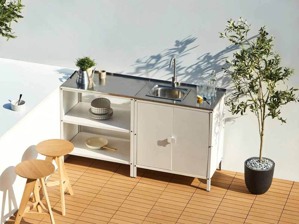Set di 2 elementi per la cucina all'aperto in acciaio inox bianco con portaoggetti e lavello cucina da esterno
