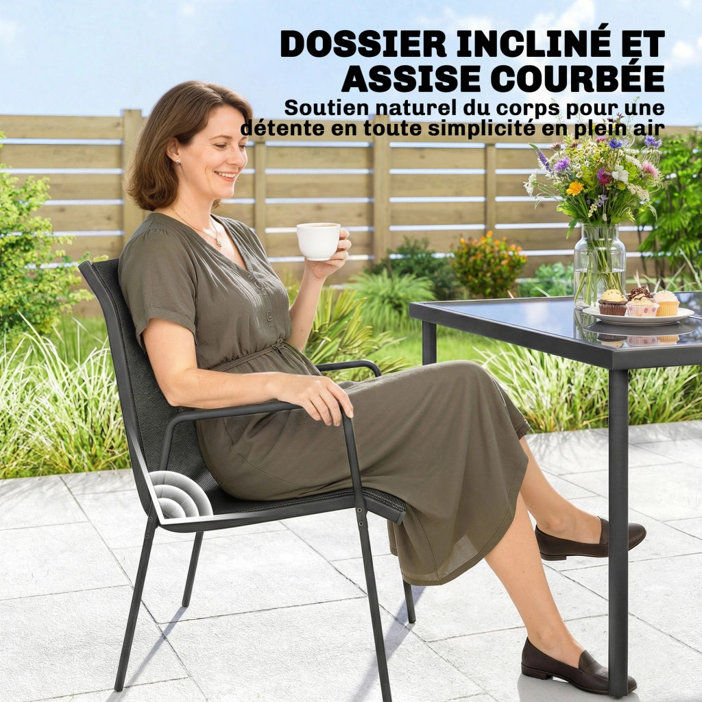 Set Giardino 6 Posti con Sedie Impilabili ¨C zephmum ¨C Textilene Nero 70x51x87