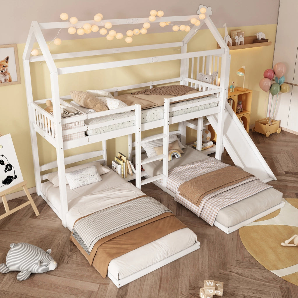 Letto a castello per bambini con scivolo, 3 posti letto e tetto bianco 90x200 cm