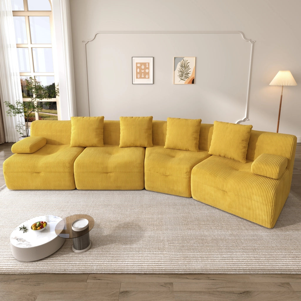 DIVANO modulare 4 posti 311x90x65 cm in velluto a coste giallo brillante