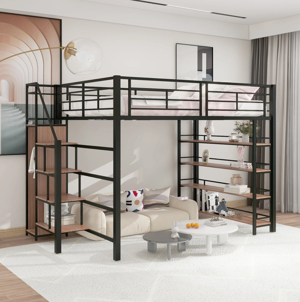 Letto a soppalco 140x200 cm in metallo e MDF nero con scala contenitore e guardaroba