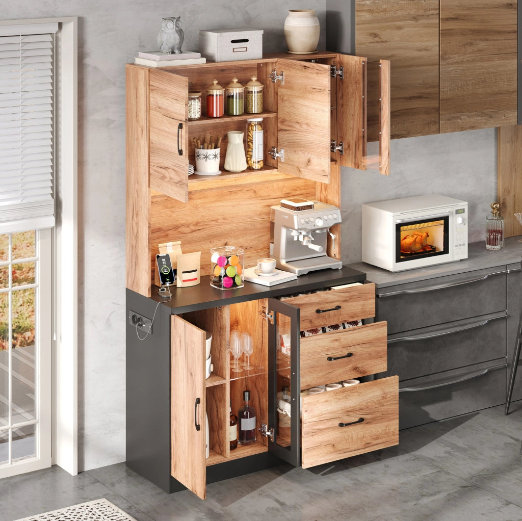 Credenza cucina moderna 105x40x180 cm in MDF; nero effetto legno con LED e prese