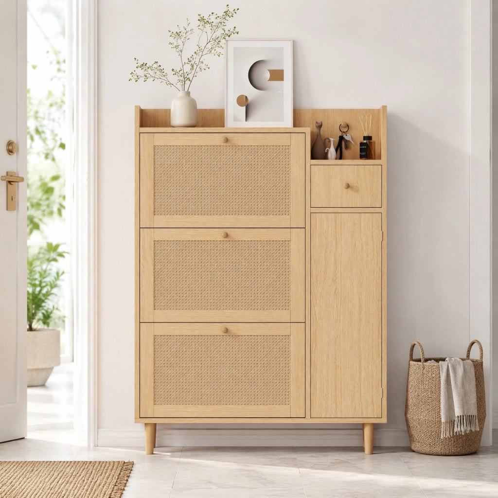Armadio portascarpe salvaspazio in MDF con ante a ribalta, 1 cassetto e piedini in legno, colore naturale, 90 x 125 x 17 cm