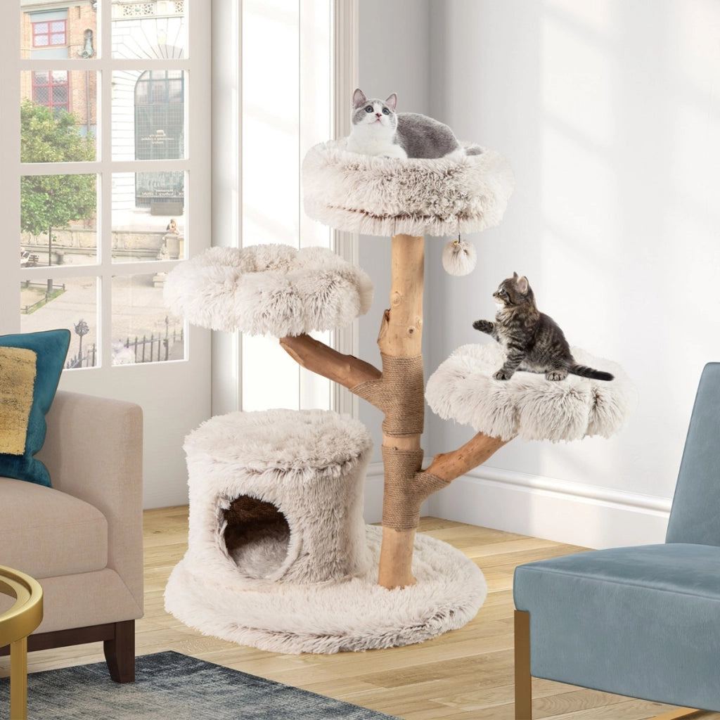 Torre per gattini in legno alta 102 CM con condominio 2 piattaforme a forma di fiore trespolo, Moderno albero per gatti Bianco