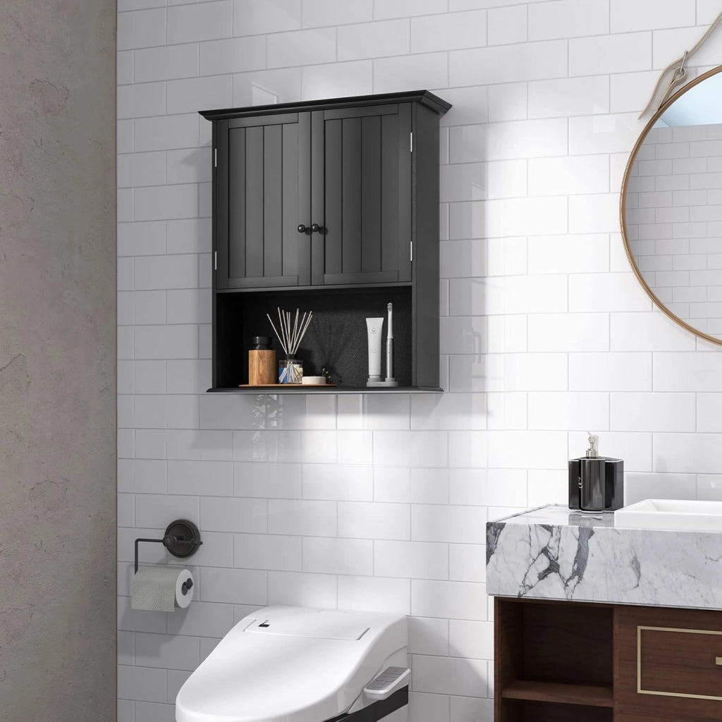 Mobiletto Pensile da Bagno, Mobile Armadietto Bagno sospeso con 2 Porte, Armadietto a Muro delle Medicine, Mensola Regolabile, Capacità di 30 kg (Nero)