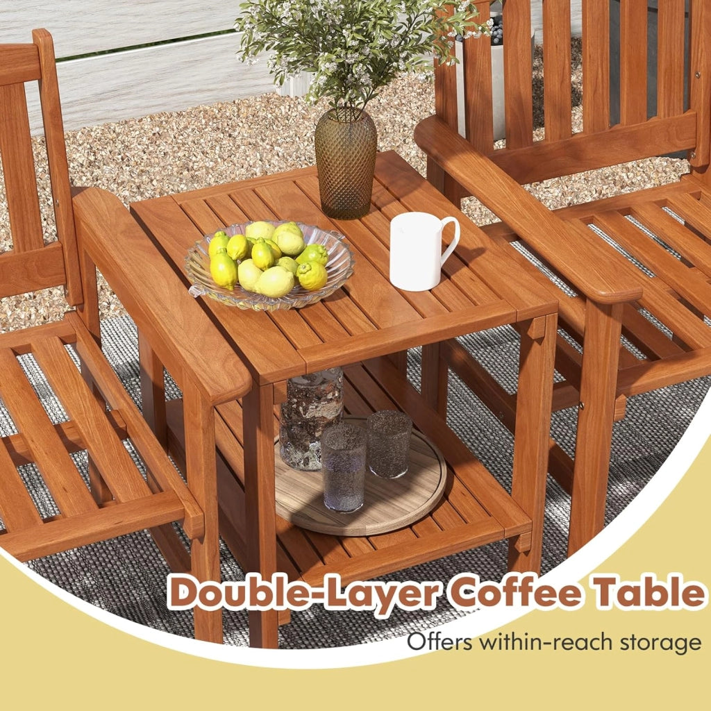 Set di mobili da 3 pezzi, in legno, set di 2 sedie e tavolo con foro per ombrelloni, set di conversazione con schienale e braccioli per patio, terreza, balcone