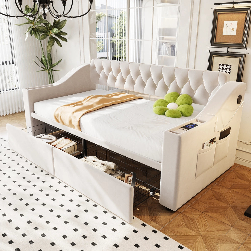 Letto divano con funzione letto in velluto beige 90x190 cm