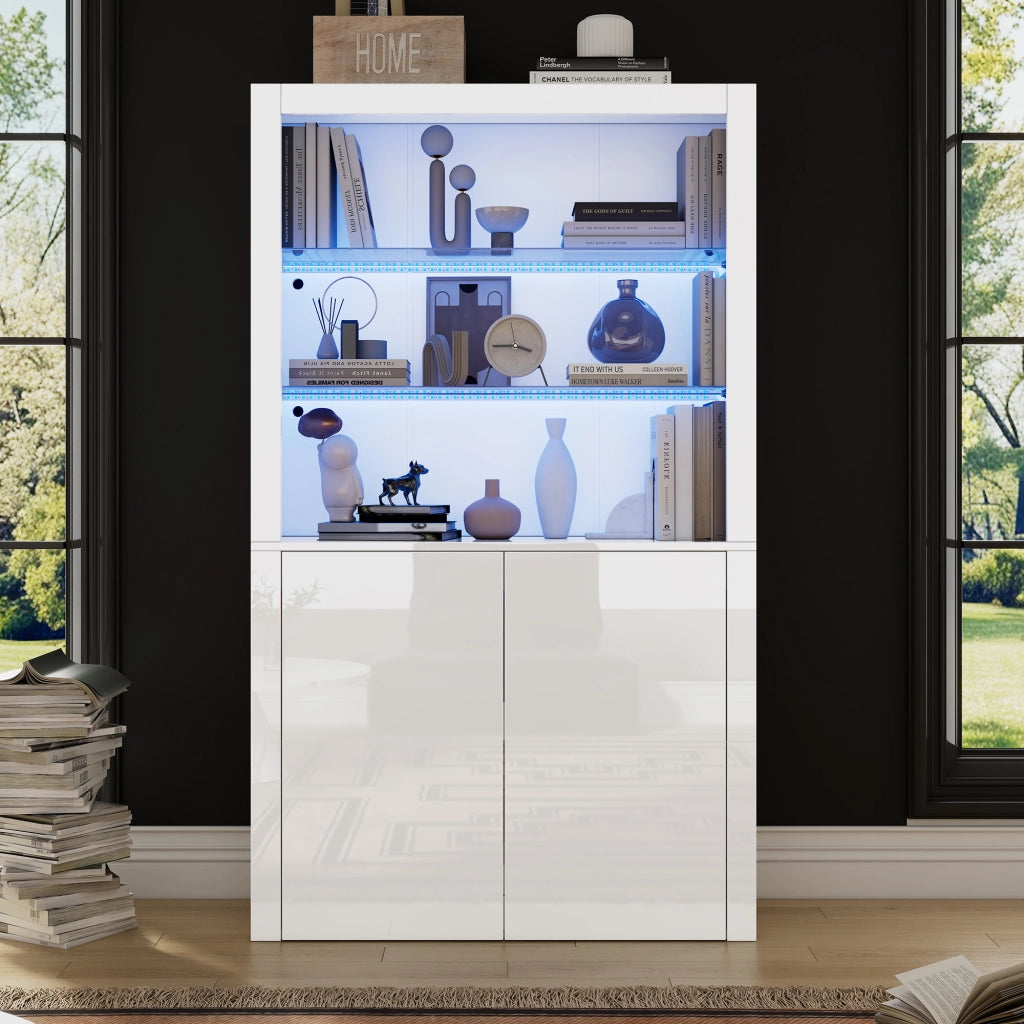 Vetrina con LED e ripiano in vetro temperato, 2 ante e vano contenitore, per soggiorno, bianco, 100 × 35 × 170 cm