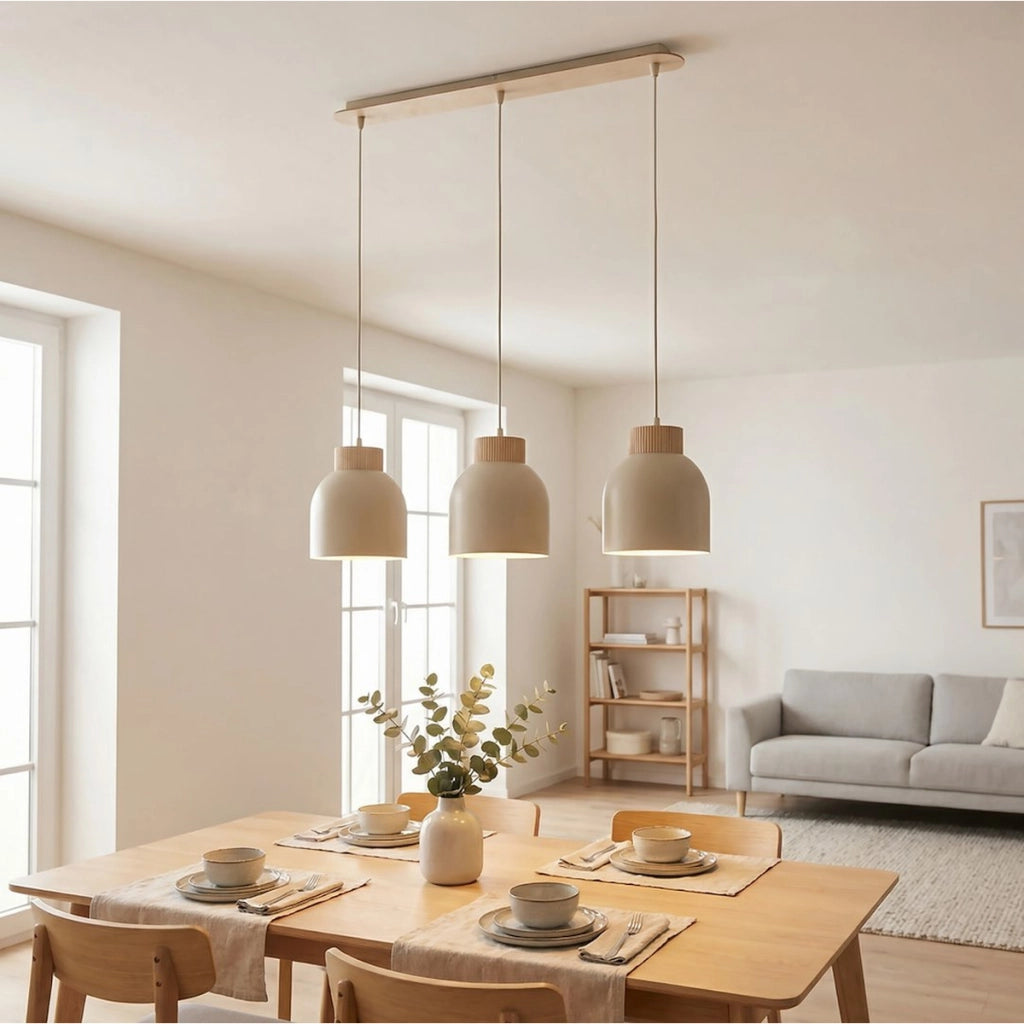 Lampada a sospensione Vigo in acciaio beige opaco e legno