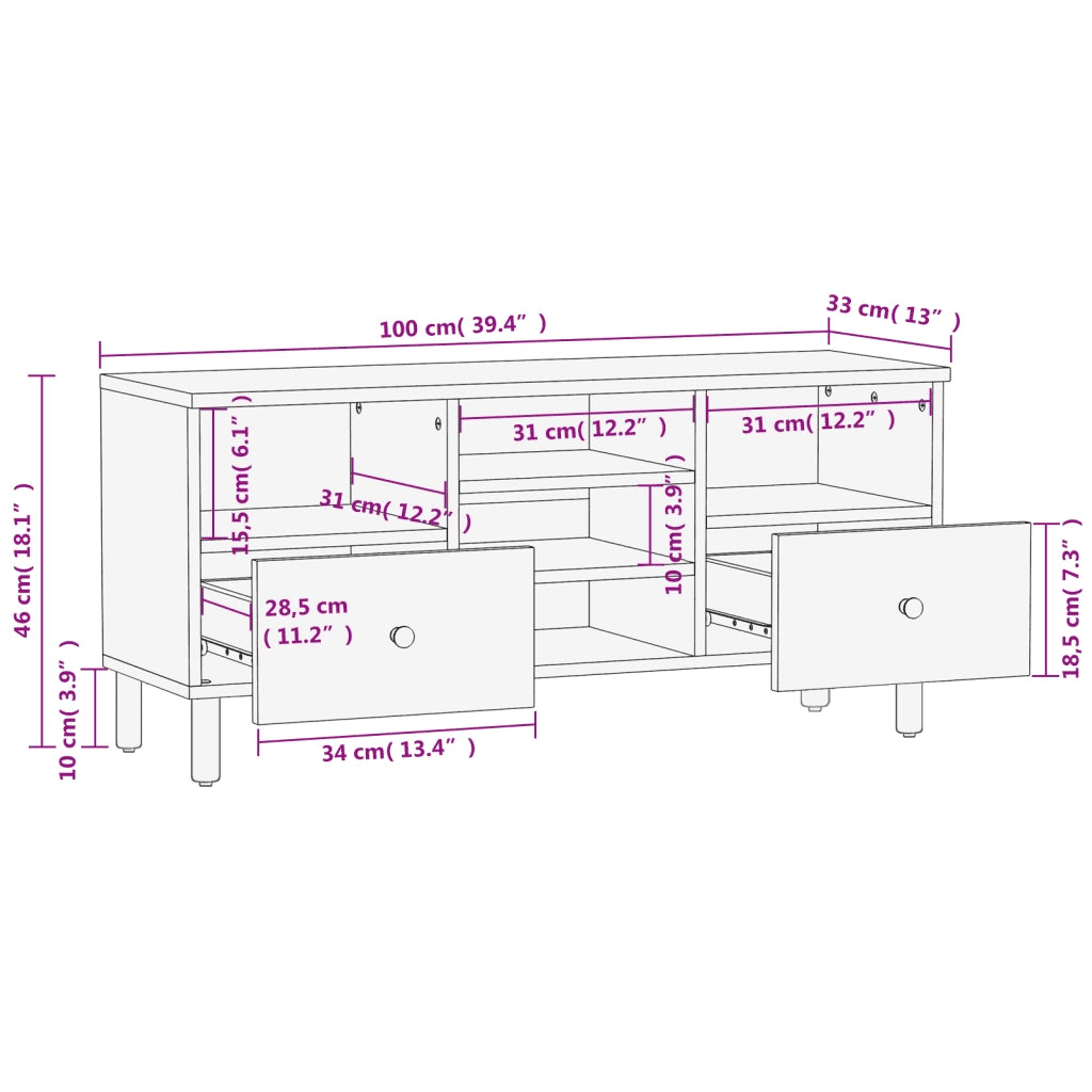 Mobile Porta TV Nero 100x33x46 cm in Legno Massello di Mango 356837