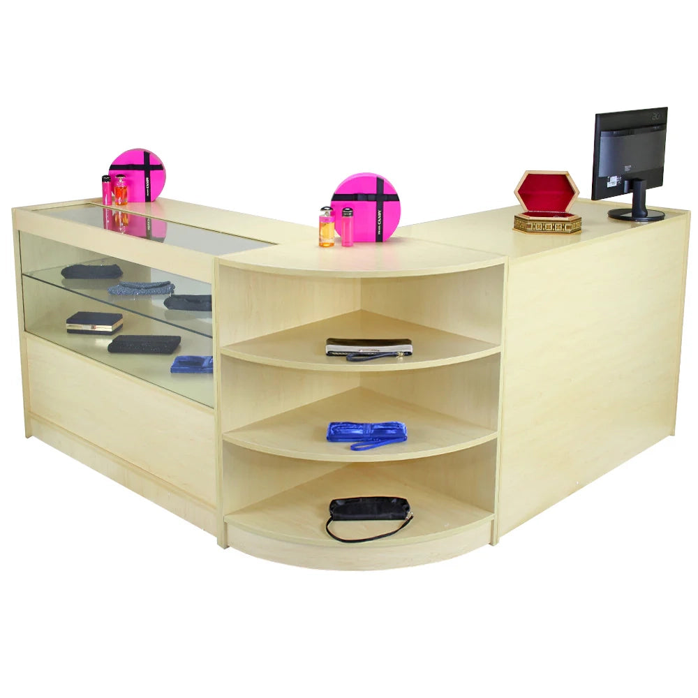 Set Nova con 3 Banconi da Negozio e Reception con Finitura in Acero Laminato