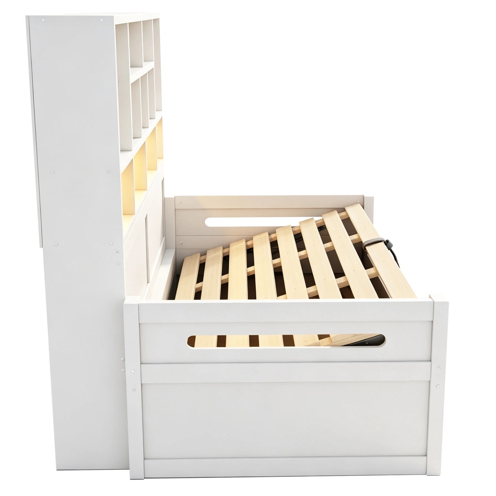 Letto singolo multifunzione ULEVR 90x200 cm con vano idraulico, LED e prese, MDF bianco