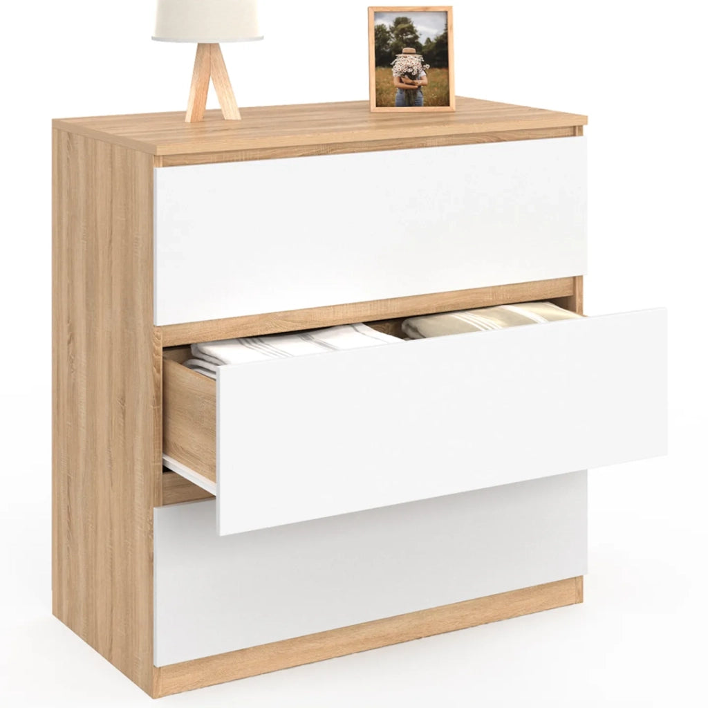 IDMarket - Cofre de 3 cajones TOMI 78 cm en haya y blanco