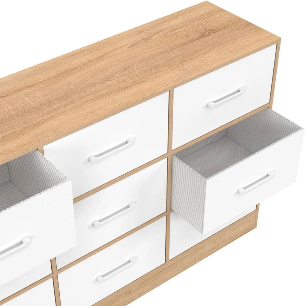 Cassettiera in tessuto a 9 cassetti UPPAH 113 cm in faggio e bianco