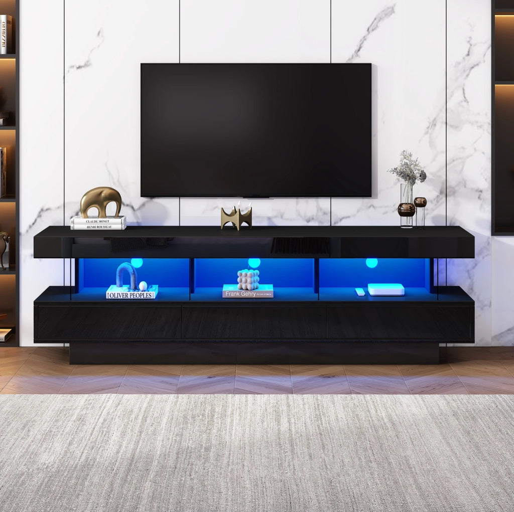 Mobile TV nero lucido 160 cm con LED Bluetooth e 3 vani in vetro