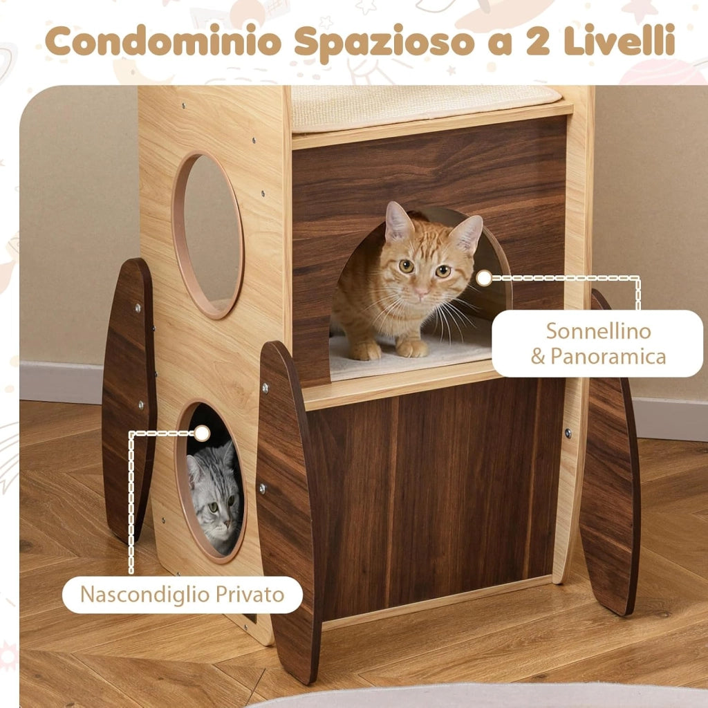 Albero per Gatti a Forma di Razzo, Tiragraffi per Gatti da Interno in Legno Alto 120 cm con Condo a 2 Piani, Perno Superiore e Pedana Graffiatrice in Sisal, Mobile per Gattini