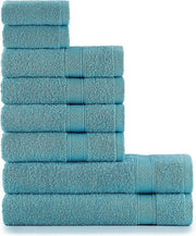 Set di asciugamani azzurro con appendiabiti in cotone - 2 asciugamani da bagno (70 x 140 cm), 4 asciugamani da mano (50 x 90 cm) e 2 asciugamani per ospiti (30 x 50 cm), morbidi e assorbenti