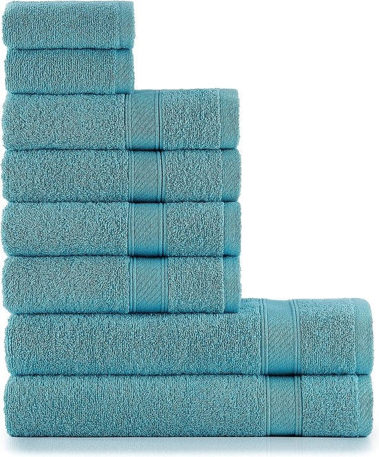 Set di asciugamani azzurro con appendiabiti in cotone - 2 asciugamani da bagno (70 x 140 cm), 4 asciugamani da mano (50 x 90 cm) e 2 asciugamani per ospiti (30 x 50 cm), morbidi e assorbenti