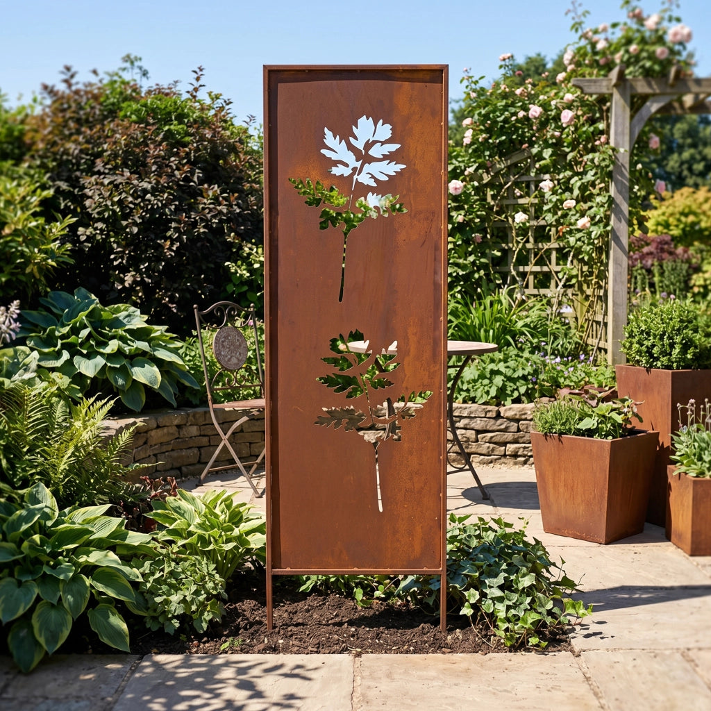Set di 2 Pannelli Divisori Irsina Frangivista con Motivo Foglie 160x50 cm Acciaio Corten - Marrone Ossidato casa.pro