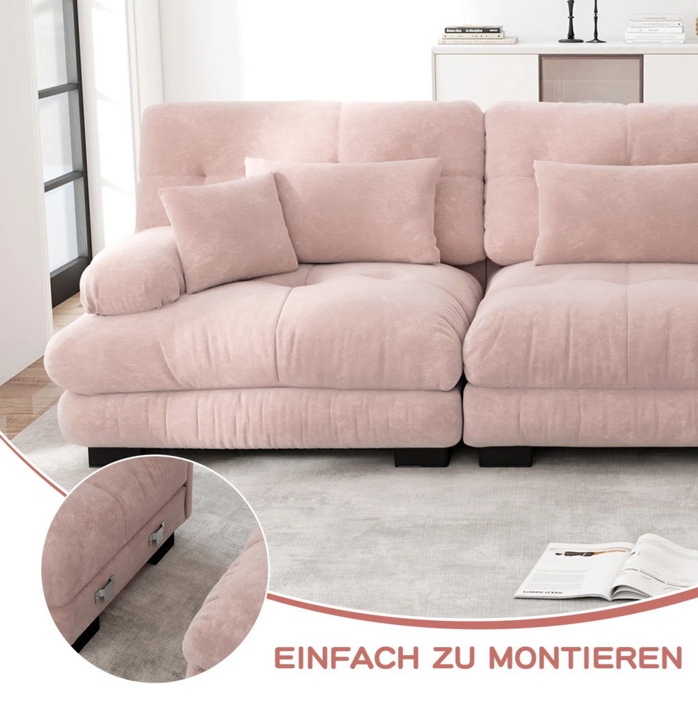 Divano modulare angolare 313x145x81 cm in ciniglia rosa con pouf mobili