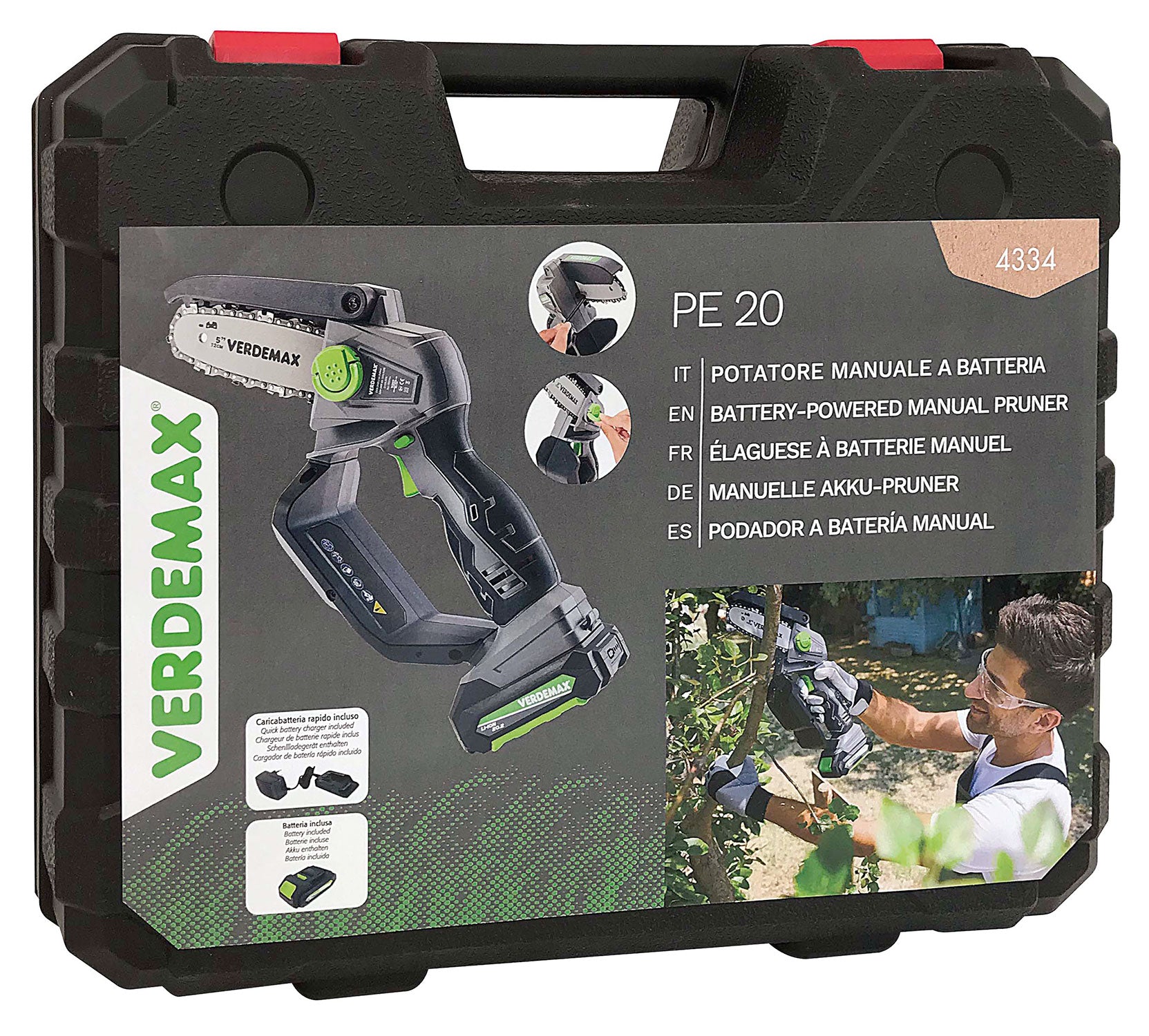 Potatore a Batteria Verdemax PE20 per Arbusti Piante 20V Lama da 12 cm con Batteria