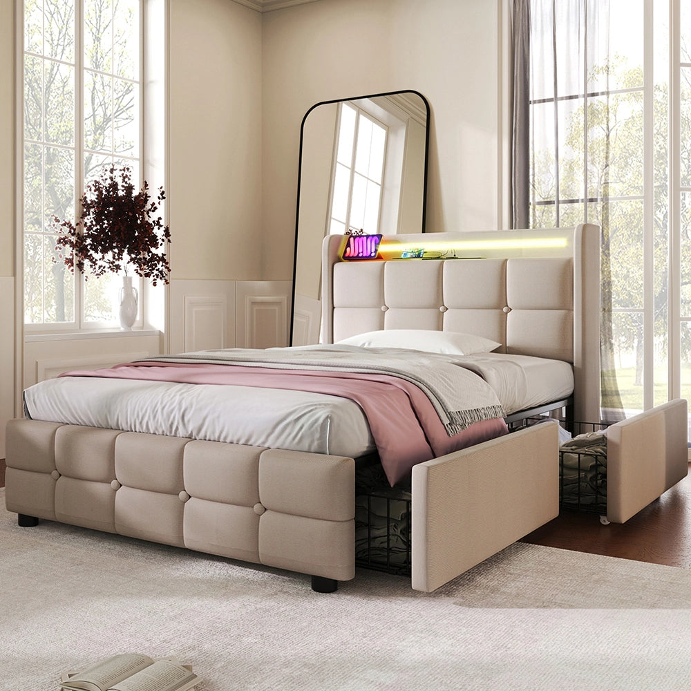 Letto imbottito 90x200cm - Xylo - Beige - 2 cassetti, USB, testiera LED