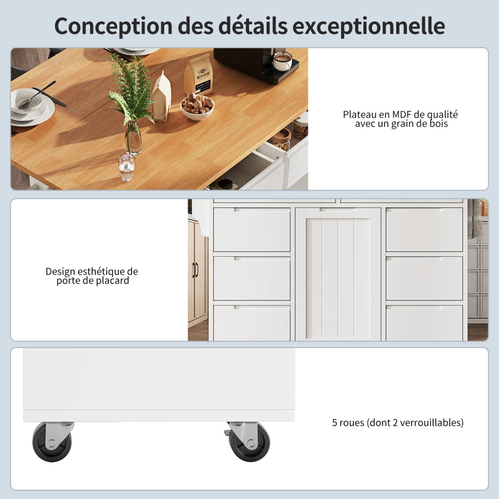 Carrello da cucina con 8 cassetti; armadietto; piano ribaltabile e ruote; MDF; 122 x 46 x 91;5 cm; bianco