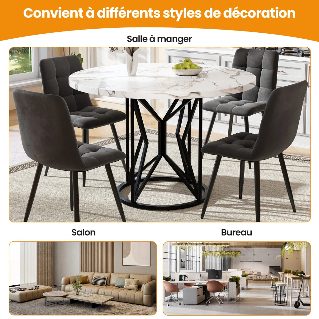 Tavolo da pranzo rotondo con piano in MDF effetto marmo e gambe in metallo, per sala da pranzo, nero, 100 × 100 × 76 cm